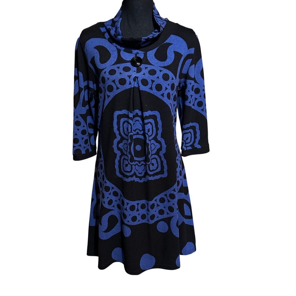 Papillon Blue and Black Medallion Print Long Line Tunic Sweater Dress Women's M